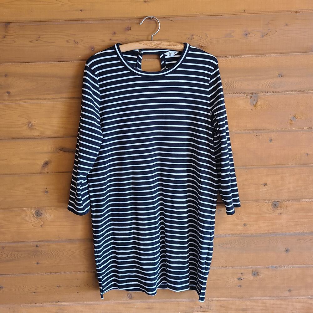 Madewell Shirt Dress Mini Black Stripe Keyhole Long Sleeve XL Boho Minimalist - Picture 2 of 4